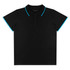A black polo shirt with turquoise accents on the collar and sleeves, featuring a logo branding.