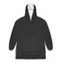 A black hoodie with a plush, cream-lined hood and a front pocket. It features a logo on the design.