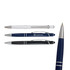 Four Saturn Aluminium Pens in white, blue, black, and dark blue, featuring silver accents and a logo on one pen.