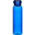 A drink bottle made from recycled plastic, featuring a vibrant blue body and a secure lid.