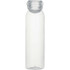 A drink bottle made of clear recycled plastic with a grey cap and a simple design. It features a logo.
