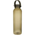 A drink bottle made of recycled plastic in a translucent olive colour, featuring a secure lid and handle.