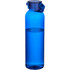 A drink bottle made from recycled plastic, featuring a blue body and a secure lid. It has a logo on its surface.