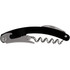 A black and silver waitress knife with a corkscrew, bottle opener, and a small blade. It features a logo.