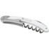 A white and silver waitress knife with a corkscrew and a bottle opener. Includes branding.
