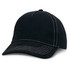A black cap with white stitching and a curved visor, featuring a logo on the front.
