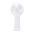 A portable white fan with a circular design, featuring a base for stability. It includes a logo on the front.