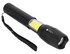 A black torch with a cylindrical body, featuring a bright yellow LED panel and a wrist strap.