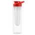 A drink bottle featuring a clear body with a red lid and infuser for fruits or herbs. It also has a logo.