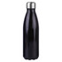 A drink bottle in sleek black with a stainless steel cap, featuring a logo on its surface.