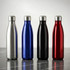 A drink bottle collection featuring silver, blue, black, and red metal designs with a sleek, smooth finish.