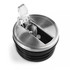 A drink bottle lid with a stainless steel finish and a clear plastic opening for sipping.