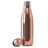 A drink bottle in a shiny copper finish, featuring a decorative cap and a logo.