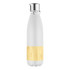 A drink bottle featuring a white body with a bamboo section and a metal cap. It includes a logo or branding.