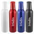 A drink bottle set featuring white, red, blue, and black bottles, each with a logo. Stylish and vibrant design.