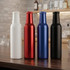 A drink bottle collection featuring white, red, blue, and black bottles, each with a bottle cap and a logo.