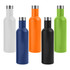 A drink bottle collection featuring white, orange, blue, black, and green bottles with metallic caps. Each bottle has a logo.