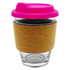 A glass coffee cup with a pink lid and cork band, featured in a reusable drinkware design.