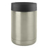 A stainless steel stubby holder in silver with a black silicone top, featuring a logo.