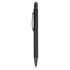 A black stylus pen with a red tip and a clip for secure attachment. It features a branded logo.