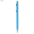 A sky blue stylus pen with a sleek design and a silver clip. Features a logo on the side.
