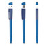 A blue solid plastic USB pen featuring a 16GB flash drive, displayed from three angles. It has a logo.