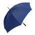A navy blue golf umbrella with a curved handle and a smooth, wide canopy. It features a branding logo.