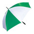 A green and white golf umbrella with a curved handle and a branding logo.