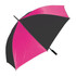 A black and pink golf umbrella featuring a textured handle and a logo on the canopy.