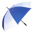A blue and white golf umbrella with a black handle and a logo on the canopy.