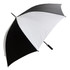 A golf umbrella in black and white with a curved handle and a branded logo.
