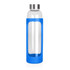 A drink bottle made of glass with a blue silicone sleeve and a stainless steel lid. 600ml capacity.