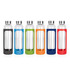 A drink bottle collection featuring transparent glass with colourful silicone grips in black, blue, orange, green, and red.