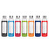 A drink bottle collection featuring various colours: black, blue, green, orange, red, and navy, with glass bodies and metal lids.