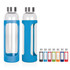 A drink bottle with a clear glass body and stainless steel lid, featuring blue silicone grips. Available in various colours.