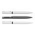 A set of three metal pens in silver, black, and white, featuring a sleek design and a logo on the silver pen.