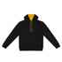 A black unisex hoodie featuring a yellow contrast hood and drawstrings, with a front pocket and branding.