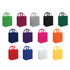 A collection of tote bags in various colours including green, purple, black, pink, orange, and yellow, each with handles.