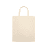 A light beige tote bag with short handles and a small logo on the side.