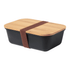 A black lunch box with a bamboo lid, secured with a brown elastic band. It has a simple, modern design.