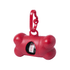 A red bone-shaped doggie waste bag holder with a clip, featuring a roll of waste bags inside.