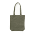 An olive green canvas tote bag with two handles and a simple design. It features a logo on its surface.