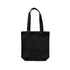 A black canvas tote bag with two sturdy handles and a spacious interior, featuring a logo.