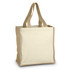 A tote bag with natural canvas sides and jute handles, featuring a plain design and a sturdy structure.