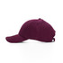 A burgundy cap featuring a curved brim and an adjustable back strap, with a logo on the side.