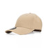 A tan cap with a structured crown and curved brim, featuring a logo on the side.