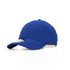 A blue cap with a curved brim and an adjustable strap, featuring a logo on the front.