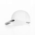 A white cap with a curved brim and a logo on the front, featuring a clean and simple design.