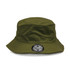 A green bucket hat featuring a logo on the front. The hat has a wide brim for sun protection.