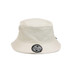 A cream bucket hat featuring a round logo on the front. It has a wide brim and a structured design.